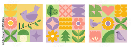 Set of geometric banners. Bird, flowers and leaves in flat minimalist style. Vector illustration