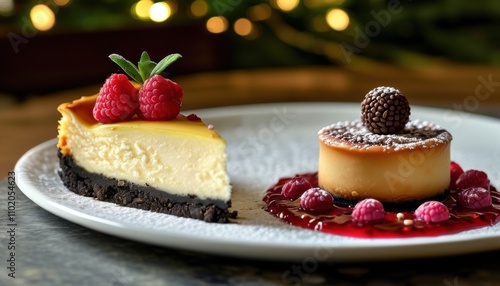 Heart shaped vanilla cheesecakes with raspberries and chocolate garnish photo