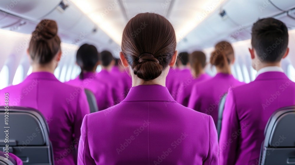 Fototapeta premium Safety demonstration by flight attendants an in-flight action scene
