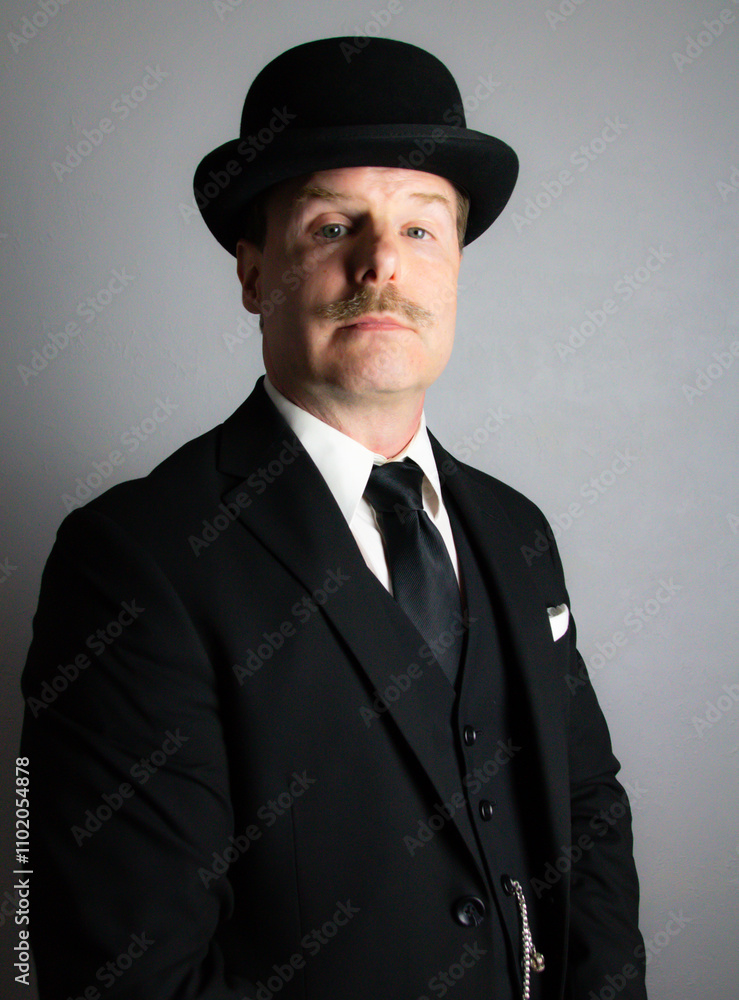 Classic English Gentleman in Dark Suit and Bowler Hat Posing with Dignity. Vintage Style and Retro Fashion of British Businessman. Classic English Gentleman in Dark Suit and Bowler Hat Posing with Dignity. Vintage Style and Retro Fashion of British Businessman.