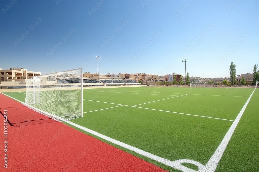 Fototapeta premium Modern Outdoor Football Field with Artificial Turf and Red Running Track under a Clear Blue Sky