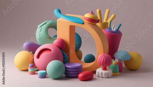 3D Render of Letter 'D' Surrounded by Colorful Playful Objects in a Soft Stylized Scene photo