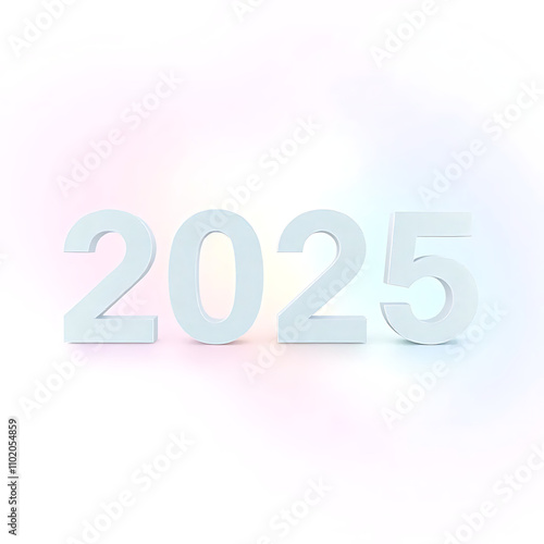 A clean and modern '2025' text in sans-serif font with a holographic shimmer effect, placed over a gradient of soft pastel colors blending into white."