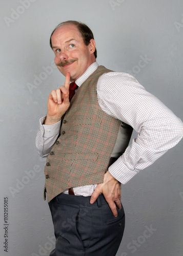 Vintage Gentleman in Tweed Waistcoat and Playful Demeanor Shaking His Money Maker.