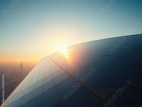 Solar panels on top of building catching last rays of sun, twilight, urban landscape, dusk, evening