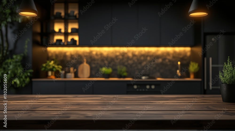 Modern Wooden Table in Blurred Contemporary Kitchen Interior Modern Wooden Table in Blurred Contemporary Kitchen Interior
