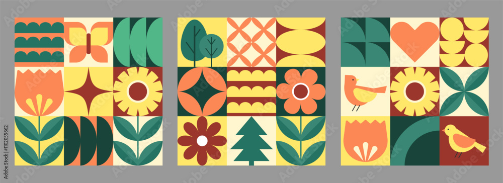 Set of geometric backgrounds. Bird, flowers and leaves in flat minimalist style. Vector illustration Set of geometric backgrounds. Bird, flowers and leaves in flat minimalist style. Vector illustration