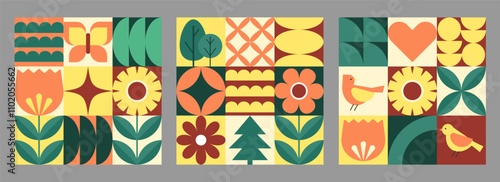 Set of geometric backgrounds. Bird, flowers and leaves in flat minimalist style. Vector illustration