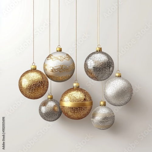 holiday golden ornaments. Gold and silver glitter Christmas bauble metal balls hang " ai generated " 