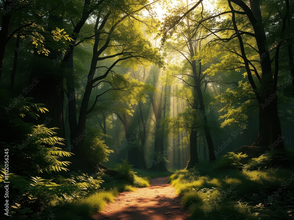 Obraz premium Sunlight shining through dense tree canopy in the woods, forest floor, tranquil, foliage, environment