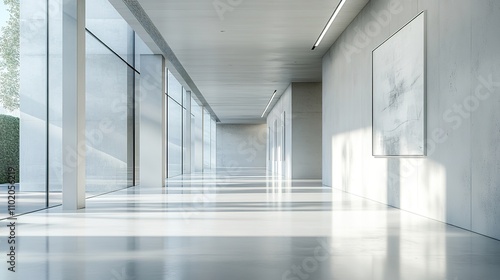 Wallpaper Mural Minimalist Hallway with Sunlight Streaming Through Windows: A long, minimalist hallway with sunlight streaming through the windows, creating a bright and airy atmosphere. Torontodigital.ca