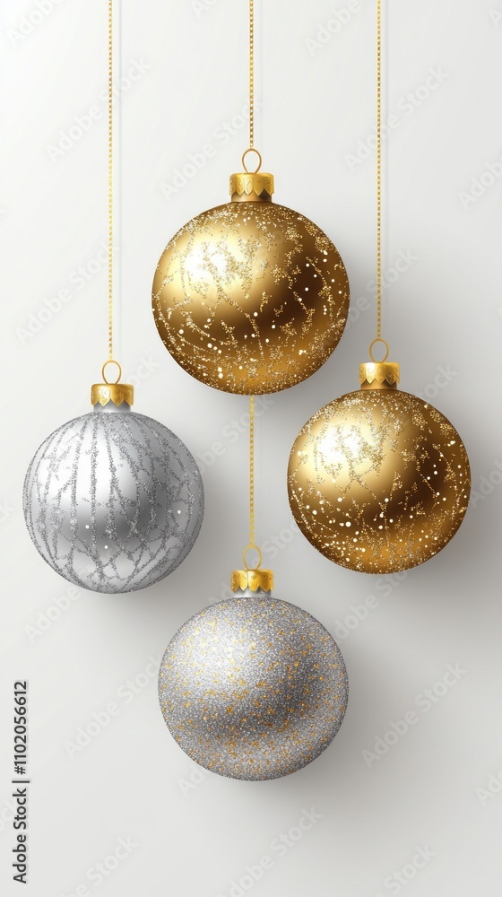 holiday golden ornaments. Gold and silver glitter Christmas bauble metal balls hang holiday golden ornaments. Gold and silver glitter Christmas bauble metal balls hang