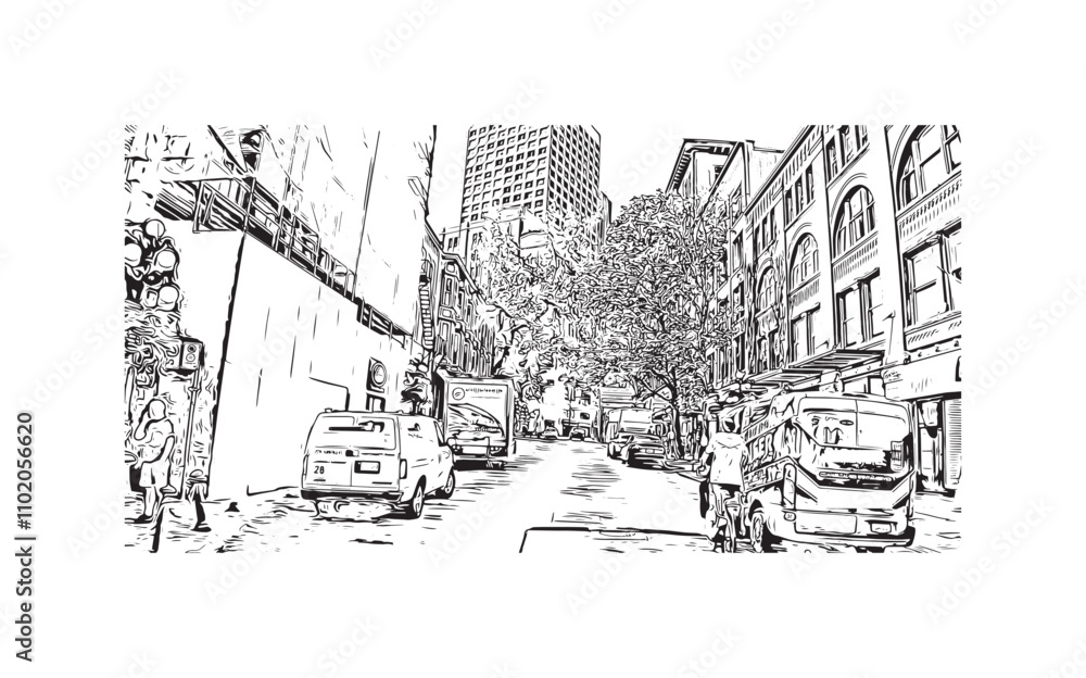 Print Building view with landmark of Vancouver is the city in Western Canada. Hand drawn sketch illustration in vector.