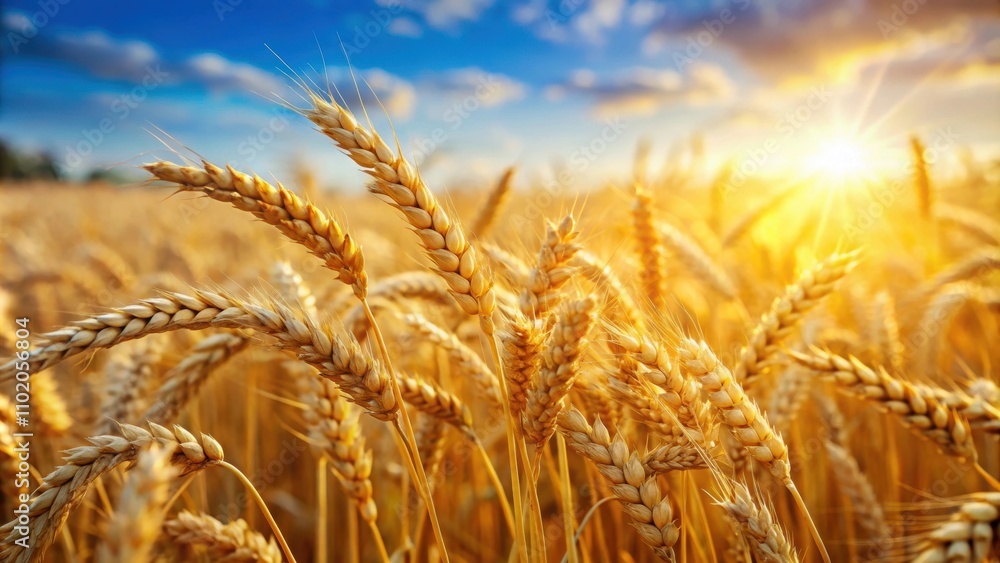A close-up shot of ripe golden wheat in a field under the sunlight, agriculture, crop, harvest, farmland, nature, cereal, grain A close-up shot of ripe golden wheat in a field under the sunlight, agriculture, crop, harvest, farmland, nature, cereal, grain
