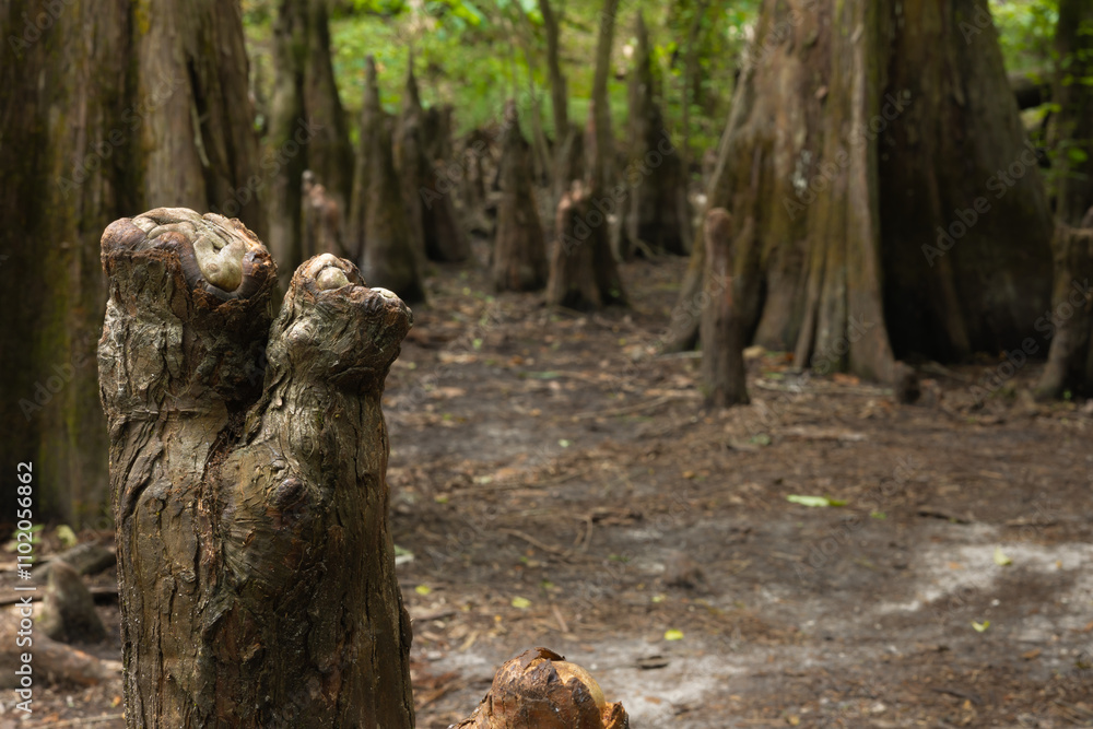 Fototapeta premium Ancient Mangrove stump depth of field to green bushes in background. Hillsborough River State Park Tampa Florida USA