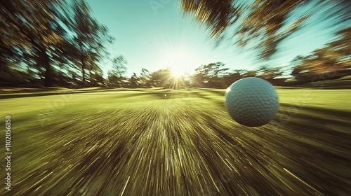 Golf Ball Speeding Across Sunny Golf Course Landscape