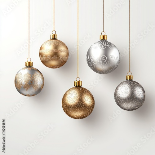 holiday golden ornaments. Gold and silver glitter Christmas bauble metal balls hang " ai generated " 