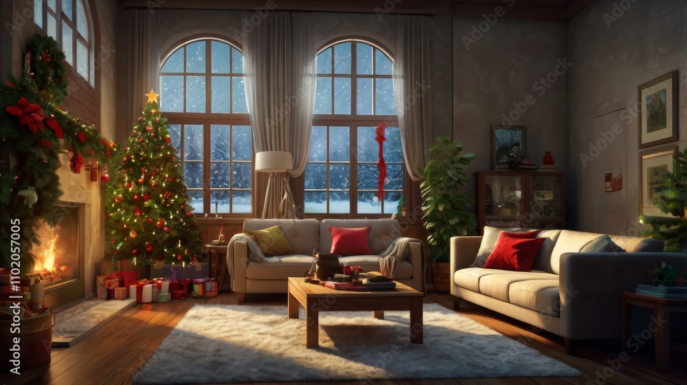 Elegant Christmas Living Room with Decorated Tree and Gifts Elegant Christmas Living Room with Decorated Tree and Gifts