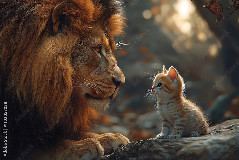 Fototapeta premium A lion gazes into a mirror, seeing a kitten reflection, symbolizing self-perception and potential. 