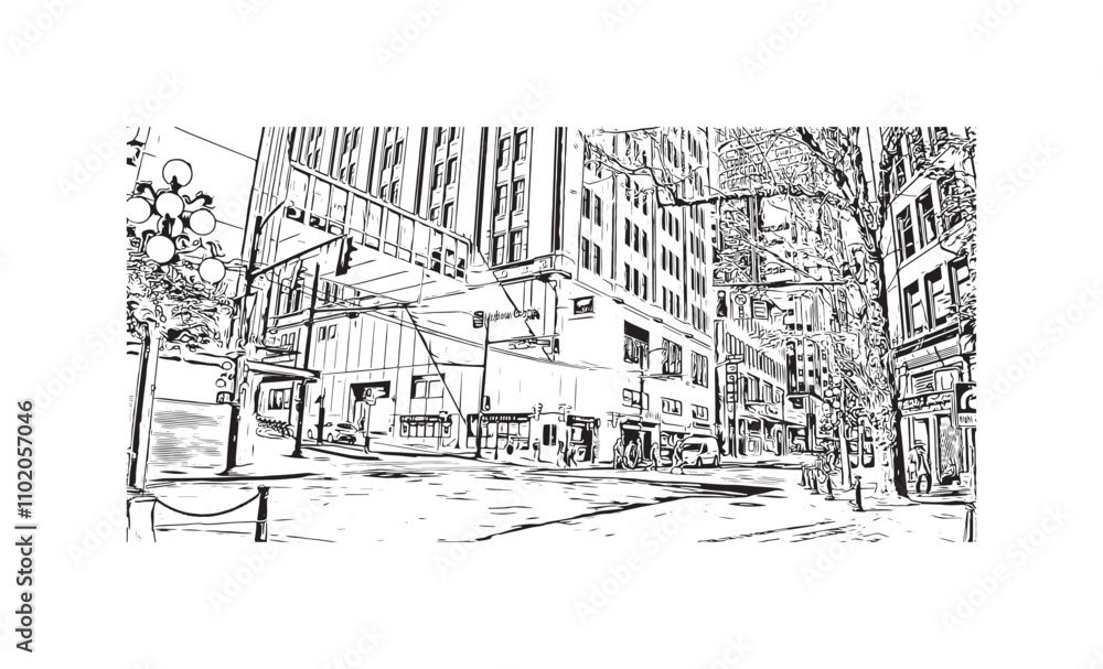 Print Building view with landmark of Vancouver is the city in Western Canada. Hand drawn sketch illustration in vector.