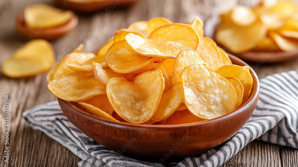 Crispy potato chips in wooden bowl, perfect for snacking and sharing Crispy potato chips in wooden bowl, perfect for snacking and sharing