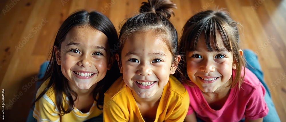 Cheerful Kids Gaze Up at Camera - AI Photorealistic Cheerful Kids Gaze Up at Camera - AI Photorealistic