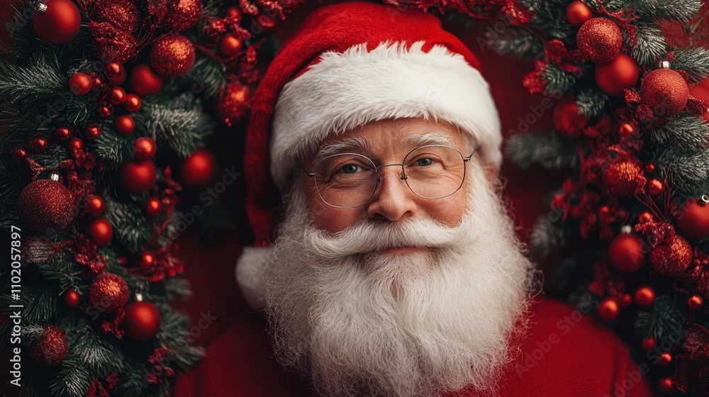 A cheerful Santa Claus portrait surrounded by vibrant holiday decor, perfect for Christmas marketing, greeting cards, or festive decorations, This image captures the spirit of the season, A cheerful Santa Claus portrait surrounded by vibrant holiday decor, perfect for Christmas marketing, greeting cards, or festive decorations, This image captures the spirit of the season,