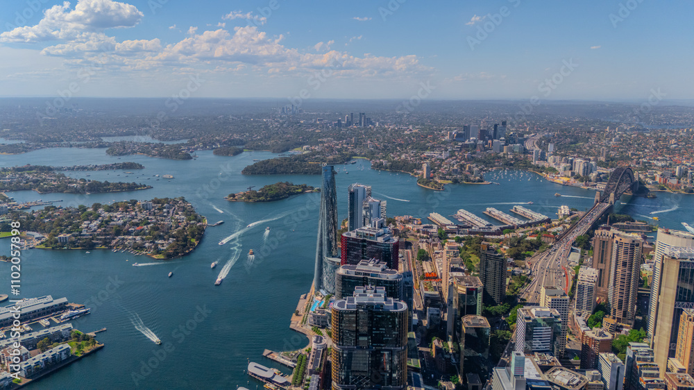 Obraz premium Aerial View of Sydney Harbour Balmain Darling harbour Sydney CBD cockle Bay Wharf North Sydney harbour bridge Lavender Bay Milsons Point Manly on a warm summer day blue skies 
