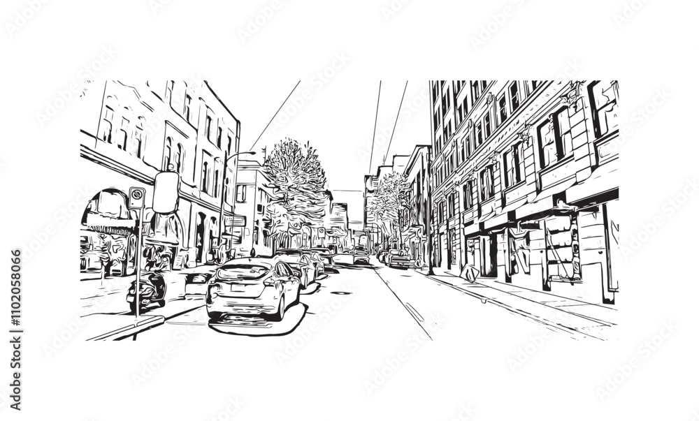 Print Building view with landmark of Vancouver is the city in Western Canada. Hand drawn sketch illustration in vector.