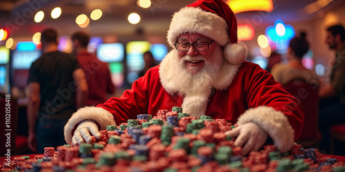 Santa Claus enjoys a festive time at a casino surrounded by colorful poker chips during the holiday season photo