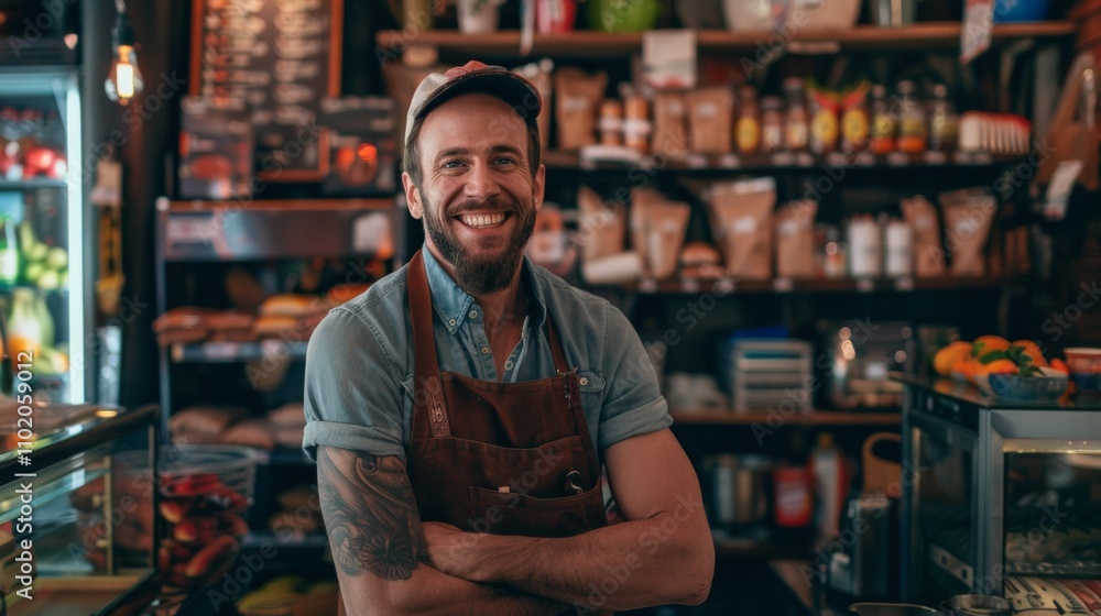 Smiling male barista in a cozy coffee shop Smiling male barista in a cozy coffee shop