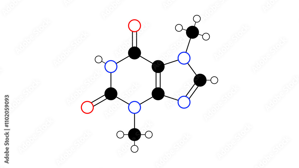 theobromine molecule, structural chemical formula, ball-and-stick model, isolated image alkaloid theobromine molecule, structural chemical formula, ball-and-stick model, isolated image alkaloid