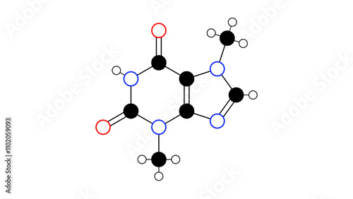 фотографія theobromine molecule, structural chemical formula, ball-and-stick model, isolate