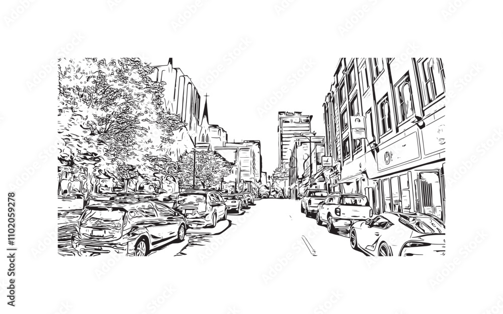 Print Building view with landmark of Vancouver is the city in Western Canada. Hand drawn sketch illustration in vector.