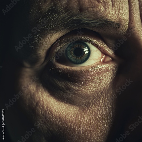 The Eye of Suspicion: A close-up portrait of a man's eye, shrouded in shadow and filled with a sense of unease. The intense gaze and furrowed brow suggest fear, distrust, or a secret being kept.   photo