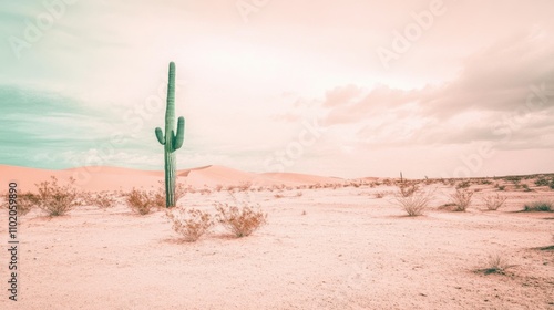 Serene Desert Landscape with Majestic Cactus at Sunset