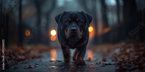 Rottweiler dog walking on a wet autumn path at dusk.