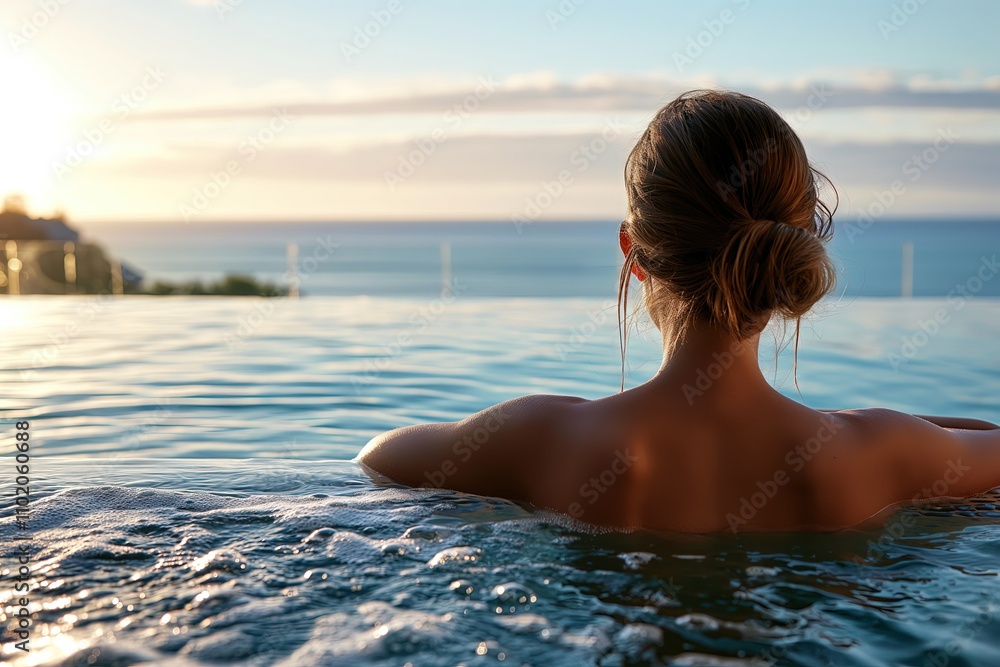 Woman Enjoying Ocean View - Serenity Reflected in Tranquil Waters Woman Enjoying Ocean View - Serenity Reflected in Tranquil Waters