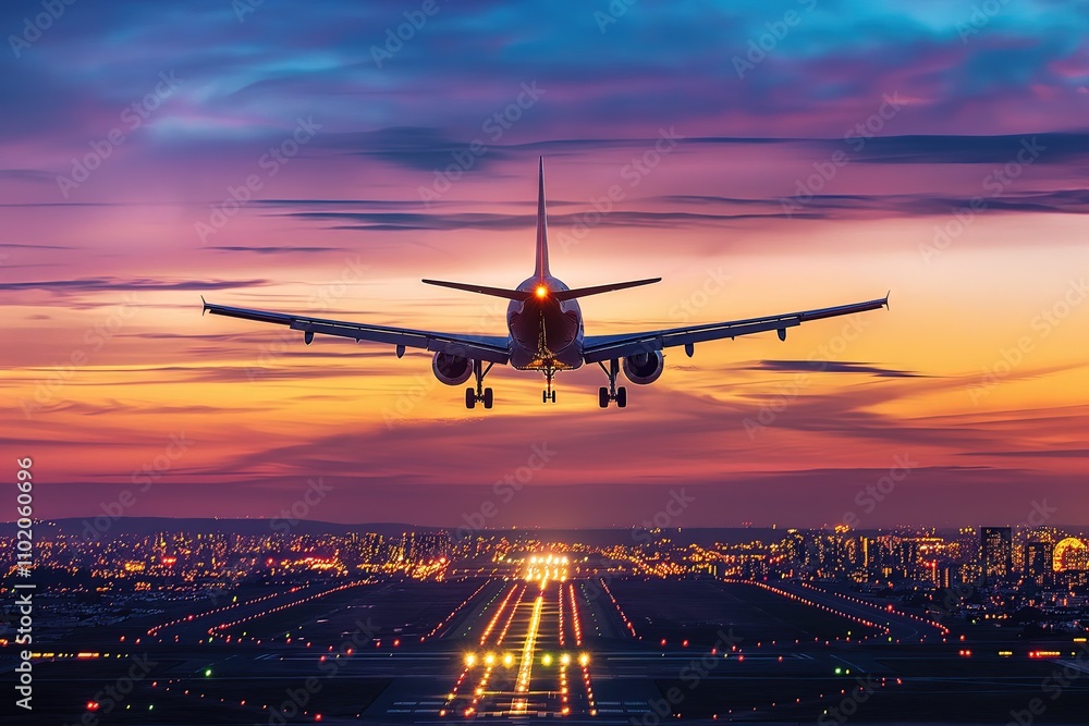 Passenger Airplane Landing at the Airport Sunset with Illuminated City at the Background Passenger Airplane Landing at the Airport Sunset with Illuminated City at the Background