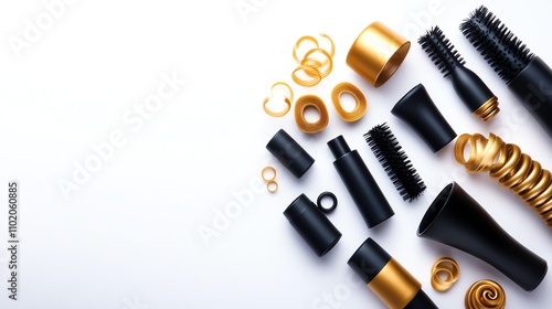 Various black and gold hair styling tools on a white isolated background.