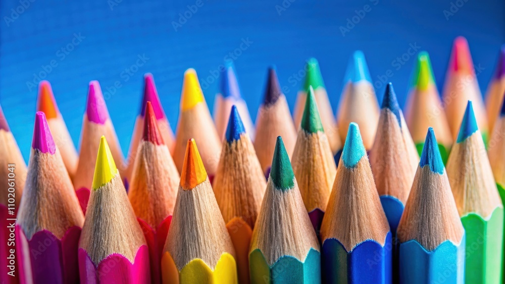 Macro shot of vibrant colored pencils against a blue background , school supplies, classroom, creative, art Macro shot of vibrant colored pencils against a blue background , school supplies, classroom, creative, art