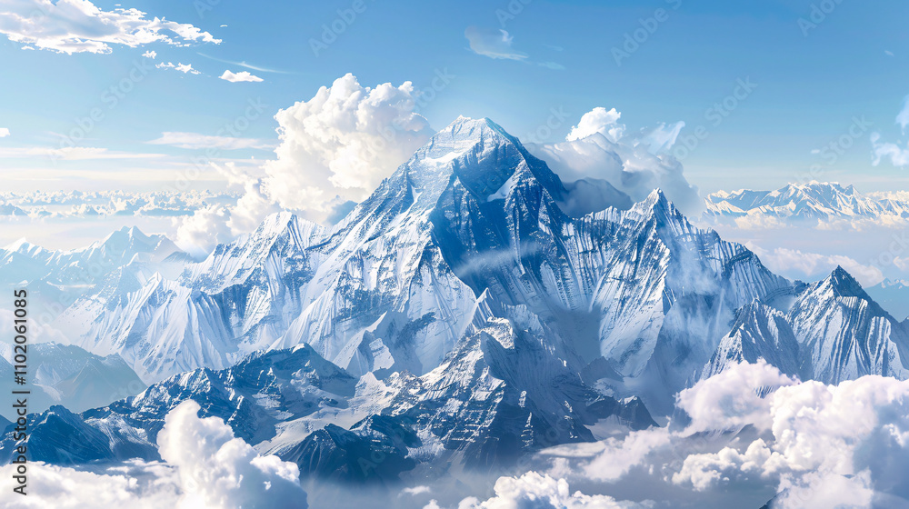 Fototapeta premium Beautiful scenery at the summit of Mount Everest, covered in snow with white clouds.
