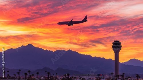 Passenger plane approaching airport tower at sunset las vegas sky