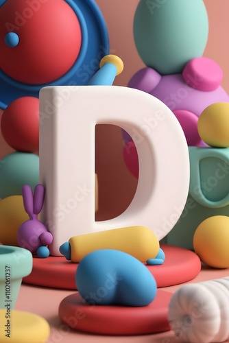 3D Render of Letter 'D' Surrounded by Colorful Playful Objects in a Soft Stylized Scene photo