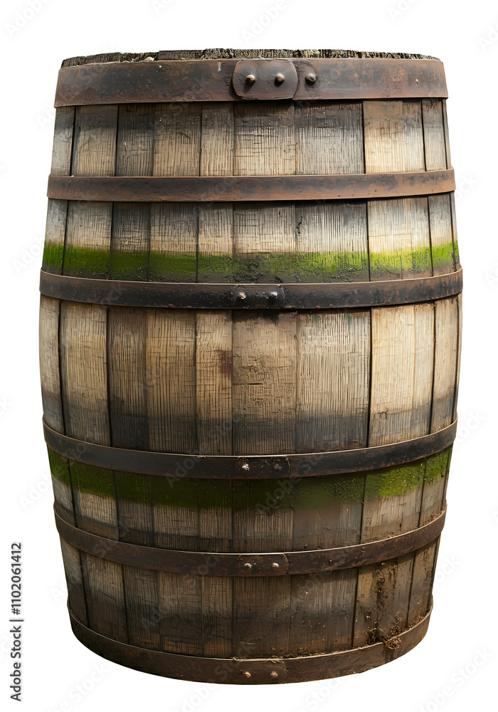Fototapeta premium Wooden Barrel, Moss & Dirt, Isolated Transparent Png Graphic Resouce