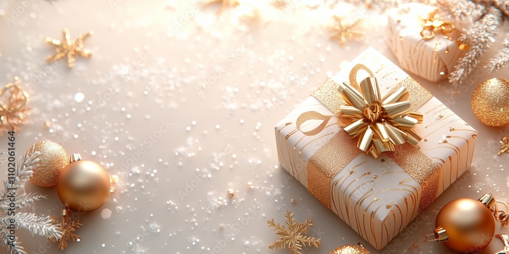 Minimalistic Christmas banner with A beautifully wrapped Christmas present with gold ribbon, golden baubles, and golden snowflakes enhancing the holiday spirit Minimalistic Christmas banner with A beautifully wrapped Christmas present with gold ribbon, golden baubles, and golden snowflakes enhancing the holiday spirit