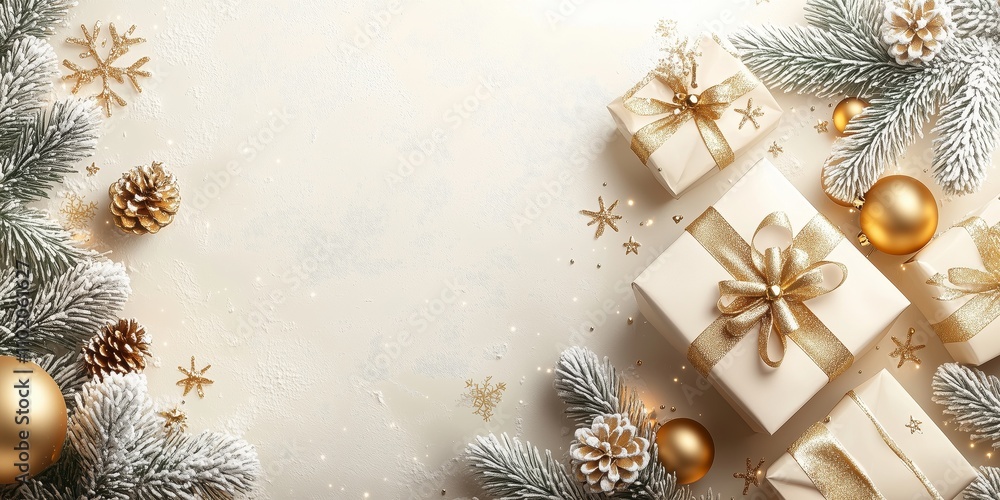 Minimalistic Christmas banner with A beautifully wrapped Christmas present with gold ribbon, golden baubles, and golden snowflakes enhancing the holiday spirit Minimalistic Christmas banner with A beautifully wrapped Christmas present with gold ribbon, golden baubles, and golden snowflakes enhancing the holiday spirit