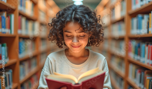 A girl is reading a book in the library
