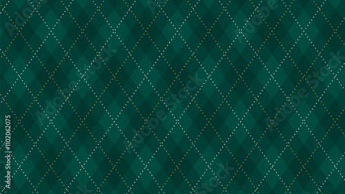 Christmas Seamless vivid geometric background for fabric, textile, men clothing, wrapping paper. Argyle vector pattern. Dark green with thin slim golden dotted line. 