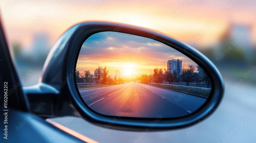 Reflection of a calm city street at sunset in a car rear view mirror, with vibrant colors and a tranquil urban atmosphere. Reflection of a calm city street at sunset in a car rear view mirror, with vibrant colors and a tranquil urban atmosphere.